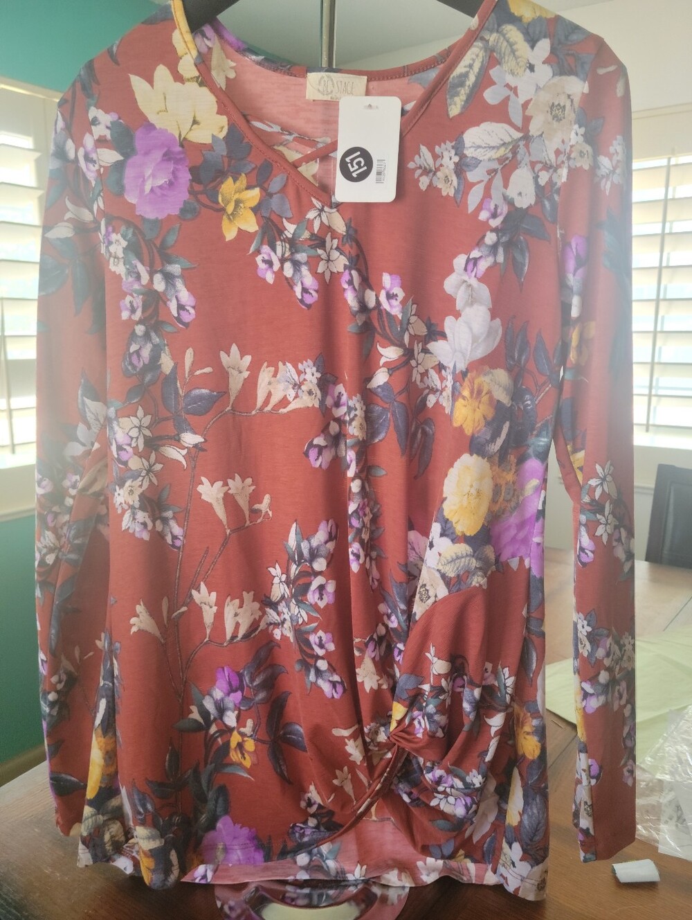 Sadie & Sage Rust Floral Long Sleeve Twist-Front Top
